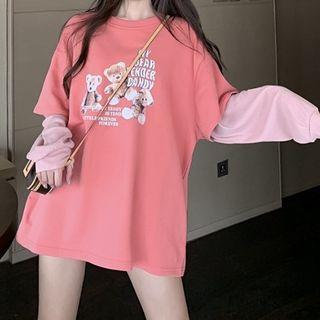 Mock Two-piece Bear Print Pullover