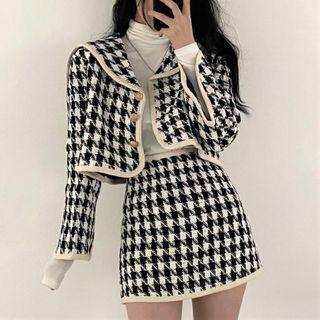 Houndstooth Cropped Jacket / High-waist Mini A-line Skirt