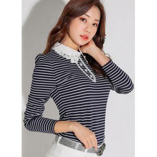 Collared Lace-trim Faux-pearl Stripe Top