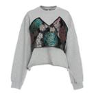 Mock Two-piece Floral Panel Cropped Sweatshirt Gray - One Size