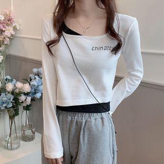 Long-sleeve Square-neck Lettering T-shirt