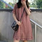 Short-sleeve Frill Trim Plaid Mini Shirt Dress