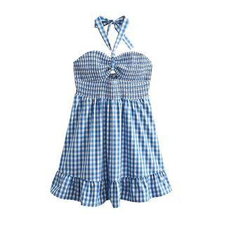 Halter-neck Gingham Ruffle Trim Mini A-line Dress