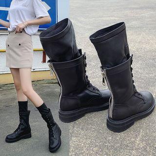 Platform Block Heel Lace Up Mid-calf Boots