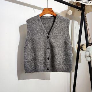 V-neck Plain Single-breasted Knit Vest