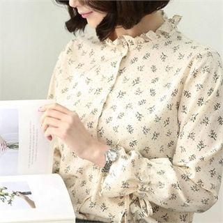 Frill-neck Tie-cuff Floral Blouse