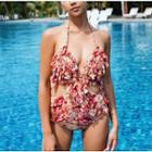 Ruffle Flower Print Cut-out Swimsuit