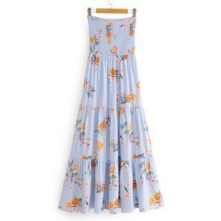 Strapless Lemon Print Maxi A-line Dress