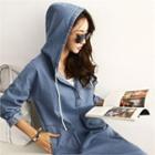 Half-placket Midi Denim Hoodie Dress Light Blue - One Size