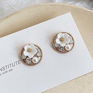 Flower Alloy Earring 1 Pair - Gold & White - One Size