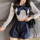 Long-sleeve Sailor Collar Top / Pleated Mini Skort