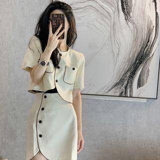 Set: Short-sleeve Contrast Trim Blouse + Button-up Pencil Skirt
