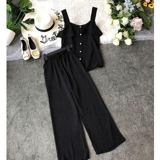 Set: Wide-strap Chiffon Top + Wide-leg Pants