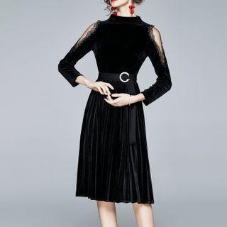 Mesh Panel Velvet Midi A-line Dress