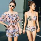 Set: Floral Print Bikini + Off-shoulder Playsuit