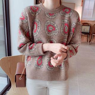 Round-neck Pattern Knit Top Dark Beige - One Size