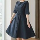 Elbow-sleeve Button-front A-lien Dress