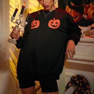 Halloween Pumpkin Print Long-sleeve Loose Fit Top