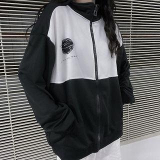 Graphic Print Color Block Zip Jacket Black & White - One Size