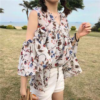 3/4-sleeve Frill Trim Floral Cold Shoulder Top
