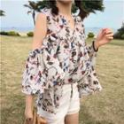 3/4-sleeve Frill Trim Floral Cold Shoulder Top