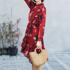 Floral Long-sleeve A-line Dress Red - One Size