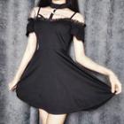 Off-shoulder Mock-neck Lace Panel Mini A-line Dress