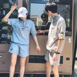 Couple Matching Set: Elbow-sleeve Dog Embroidery Top + Shorts