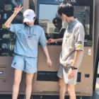 Couple Matching Set: Elbow-sleeve Dog Embroidery Top + Shorts