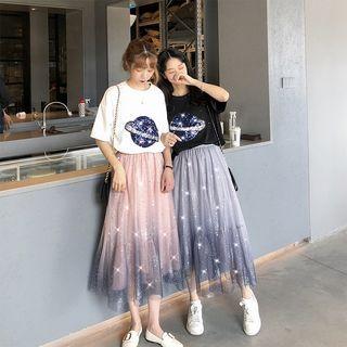 Short-sleeve Sequin Planet T-shirt / Gradient A-line Midi Mesh Skirt