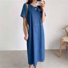 Short-sleeve Denim Dress Dark Blue - One Size