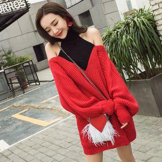 Mock Two-piece Cold Shoulder Chunky Sweater