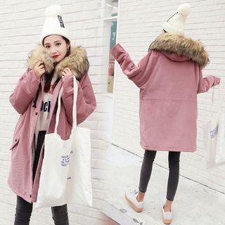 Faux-fur Trim Fleece-lined Hooded Corduroy Zip Coat
