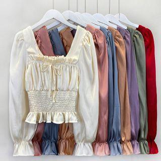 Ruffle-trim Smocked Crop Blouse In 8 Colors