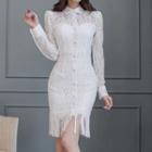 Long-sleeve Fringed Lace Sheath Dress