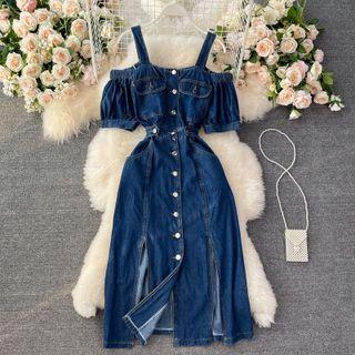 Cold Shoulder Single Breasted Denim Dress