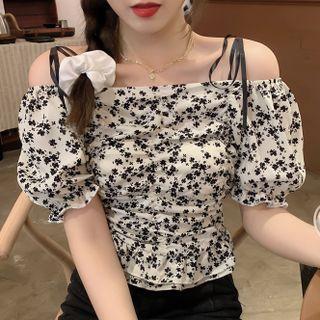 Square-neck Shoulder-tie Short-sleeve Floral Shirt