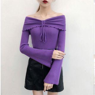 Drawstring Off-shoulder Flared-sleeve Knit Top