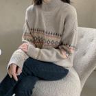 Mock-neck Nordic-pattern Sweater Dark Beige - One Size