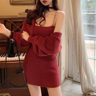 Spaghetti Strap Mini Bodycon Dress / Hooded Cropped Cardigan