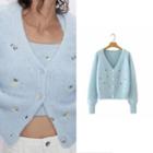 Floral Embroidered Cardigan Blue - One Size