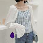 Bell-sleeve Panel Plaid Blouse