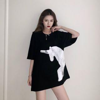 Unicorn Print Elbow-sleeve T-shirt Black - One Size