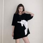 Unicorn Print Elbow-sleeve T-shirt Black - One Size