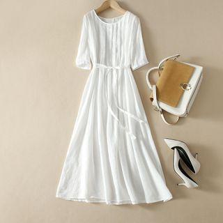 Short-sleeve Tie-waist Midi Smock Dress