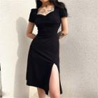Short-sleeve Slit-front Midi A-line Dress