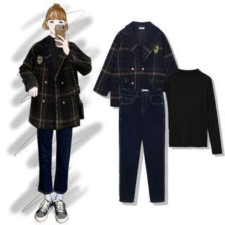 Double Breasted Plaid Coat / Jeans / Top