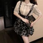 Elbow-sleeve Collared Blouse / Floral Print Mini A-line Overall Dress