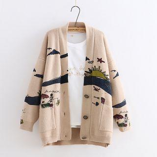 Beach Print Buttoned Rib Knit Cardigan