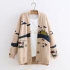 Beach Print Buttoned Rib Knit Cardigan